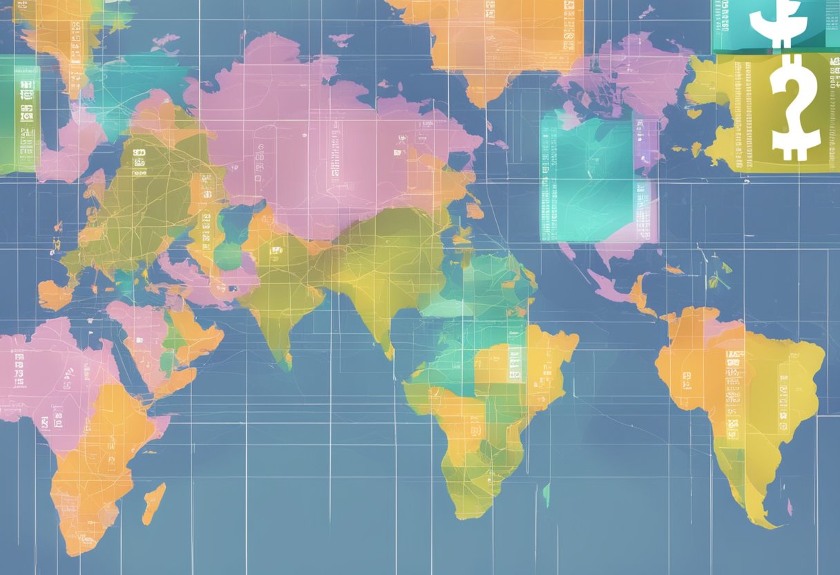 Global currencies flow between digital screens, symbolizing international finance. Banks and financial institutions are interconnected, showcasing the complex network of worldwide money lenders