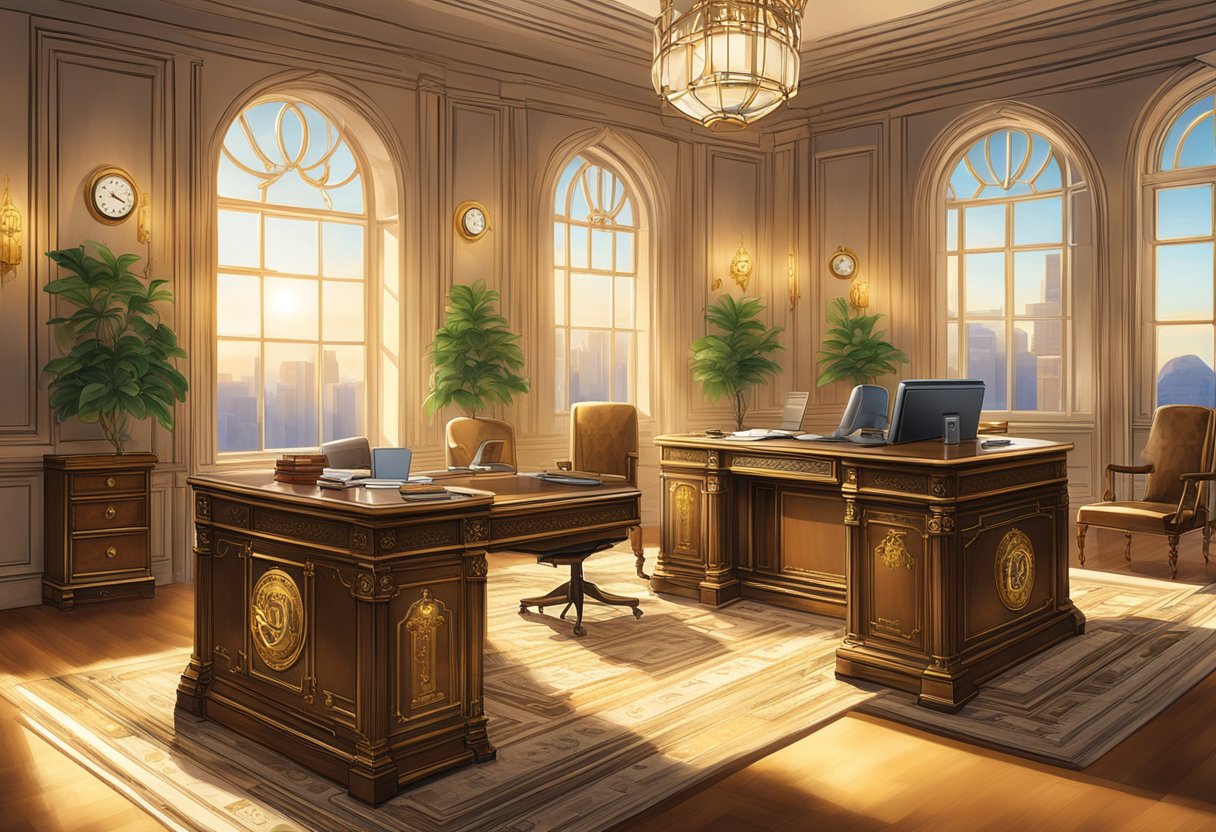 A grand office with ornate furniture and a large safe, adorned with the Crawfort Money Lender logo. Sunlight streams through the windows, casting a warm glow over the room