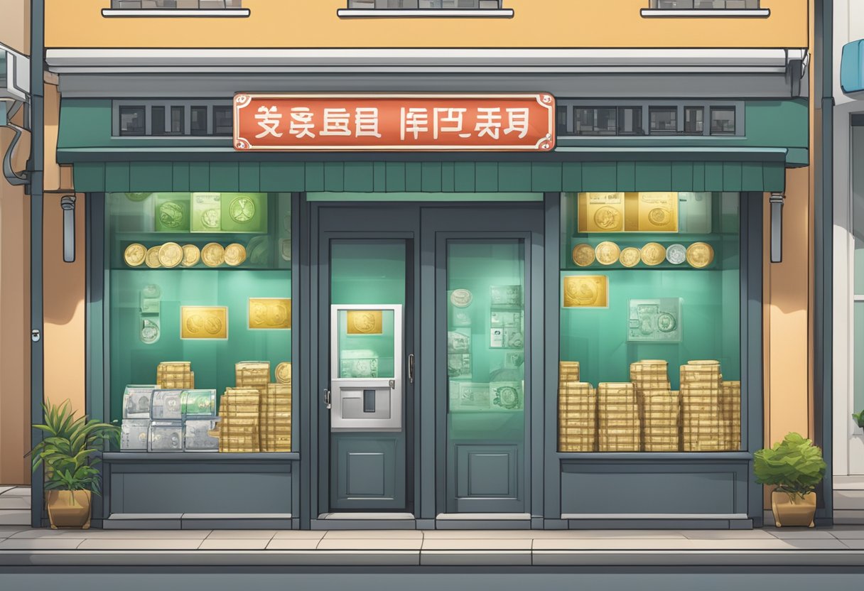 A storefront with "Licensed Money Lender" signage in Singapore, featuring the national currency symbols and a visible license