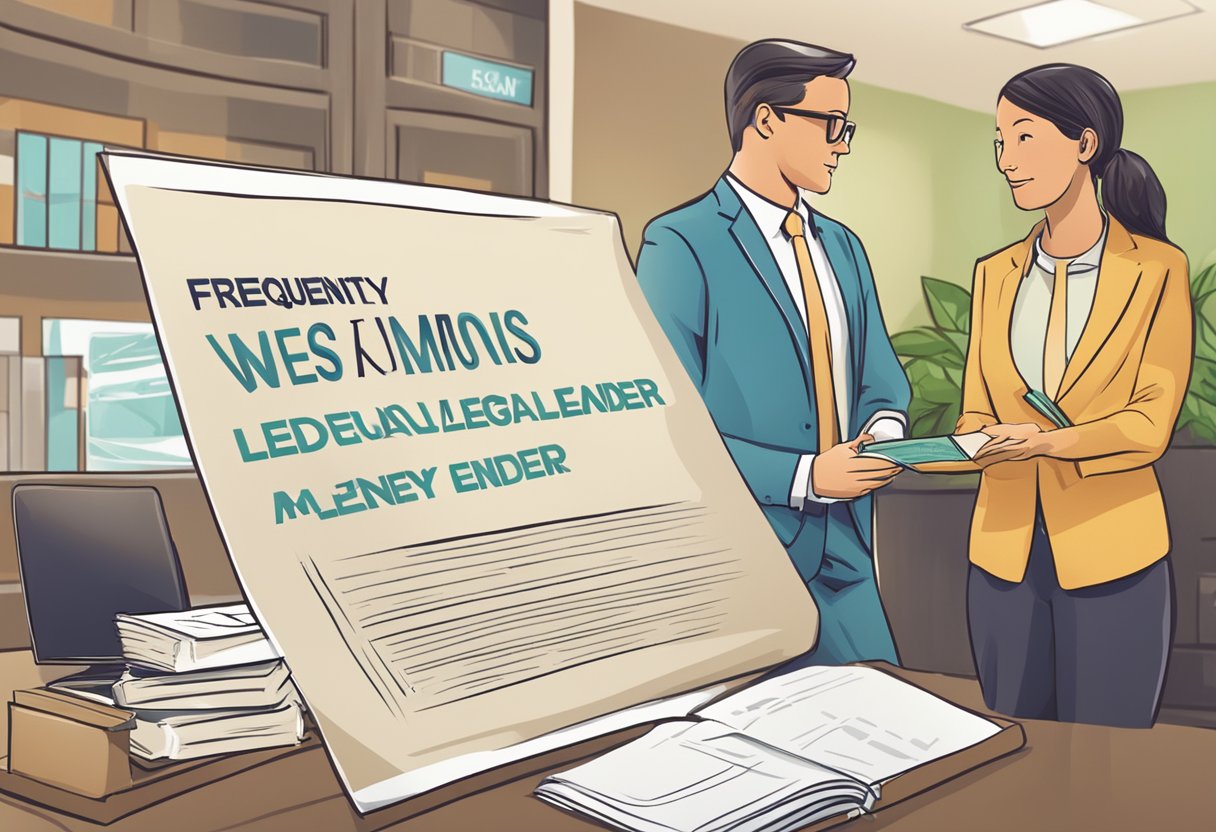 A sign with "Frequently Asked Questions" and "West Area Legal Money Lender" displayed prominently