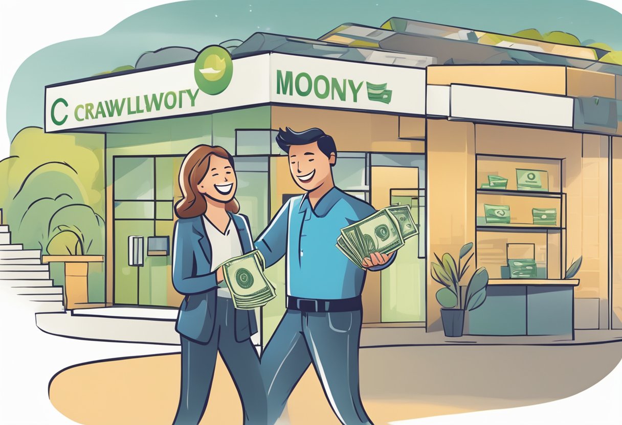 A person receiving money from Crawfort money lender with a smile