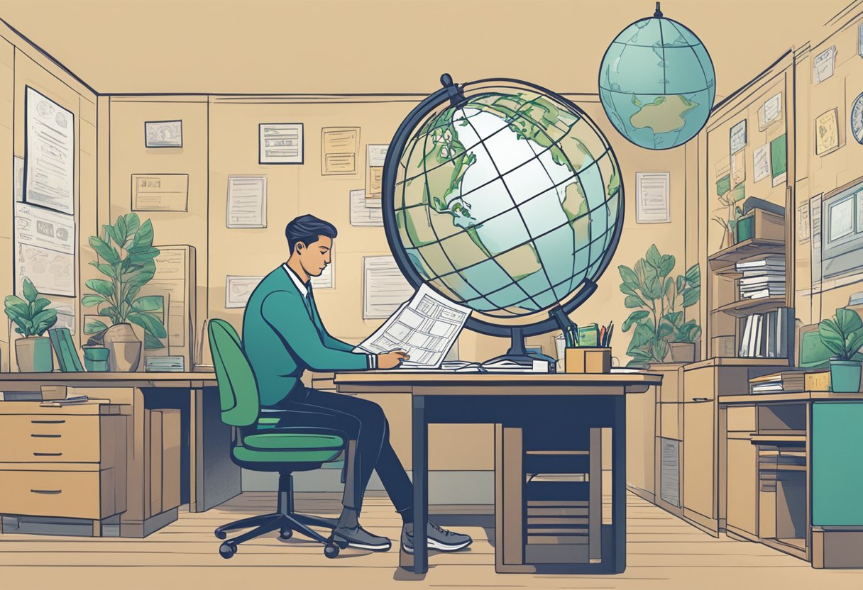 A person sitting at a desk, filling out paperwork with a globe and a stack of money on the table. Multiple financial institution logos are displayed on the wall behind them