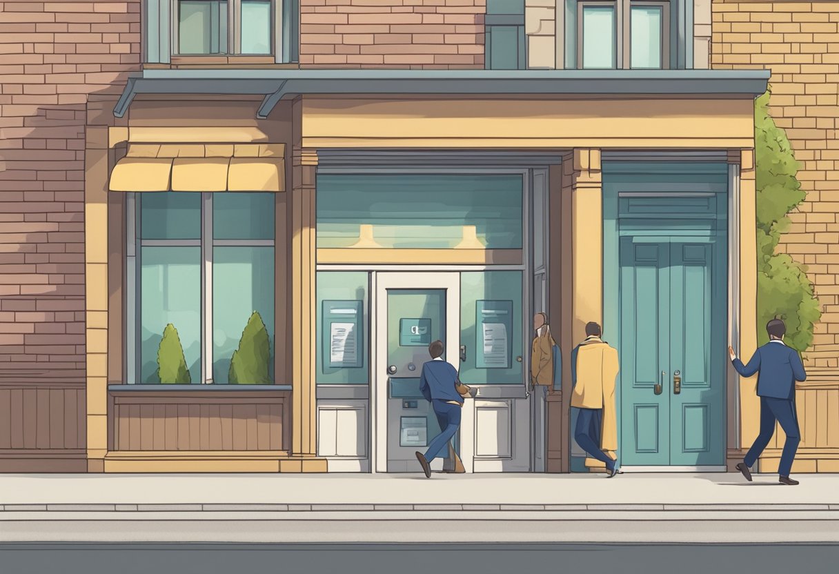 A person being turned away at a licensed money lender's office, with a sign on the door indicating they are banned from the premises