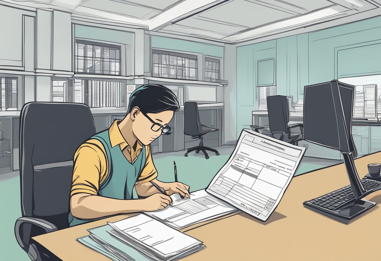 A person fills out a loan application form at a licensed money lender's office in Bugis, Singapore. The lender's logo is prominently displayed