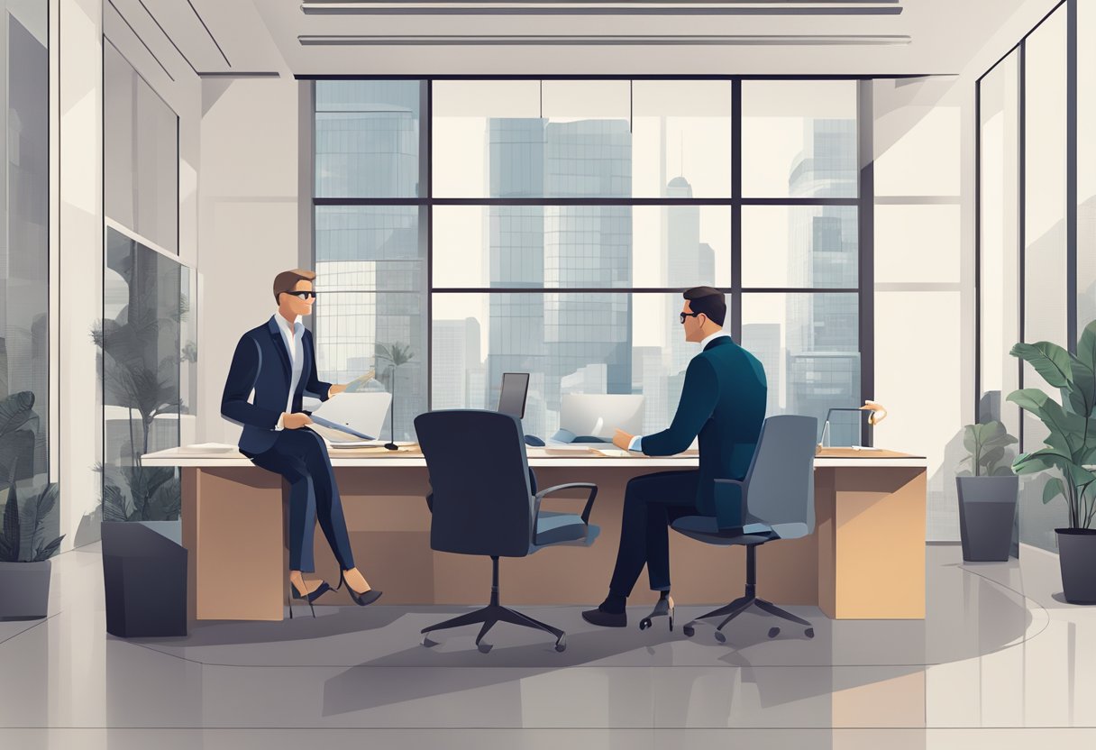 A modern office setting with a sleek, professional-looking money lender sign and a business owner discussing loan terms with a well-dressed lender