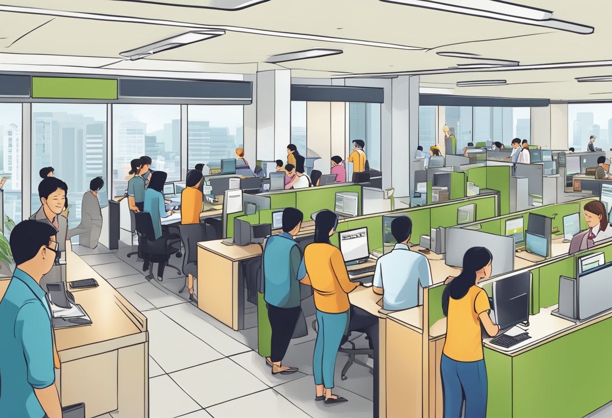 A busy office with people waiting in line at a licensed money lender in Bugis, Singapore. Signs display "Frequently Asked Questions" and "Personal Loan" while staff assist customers