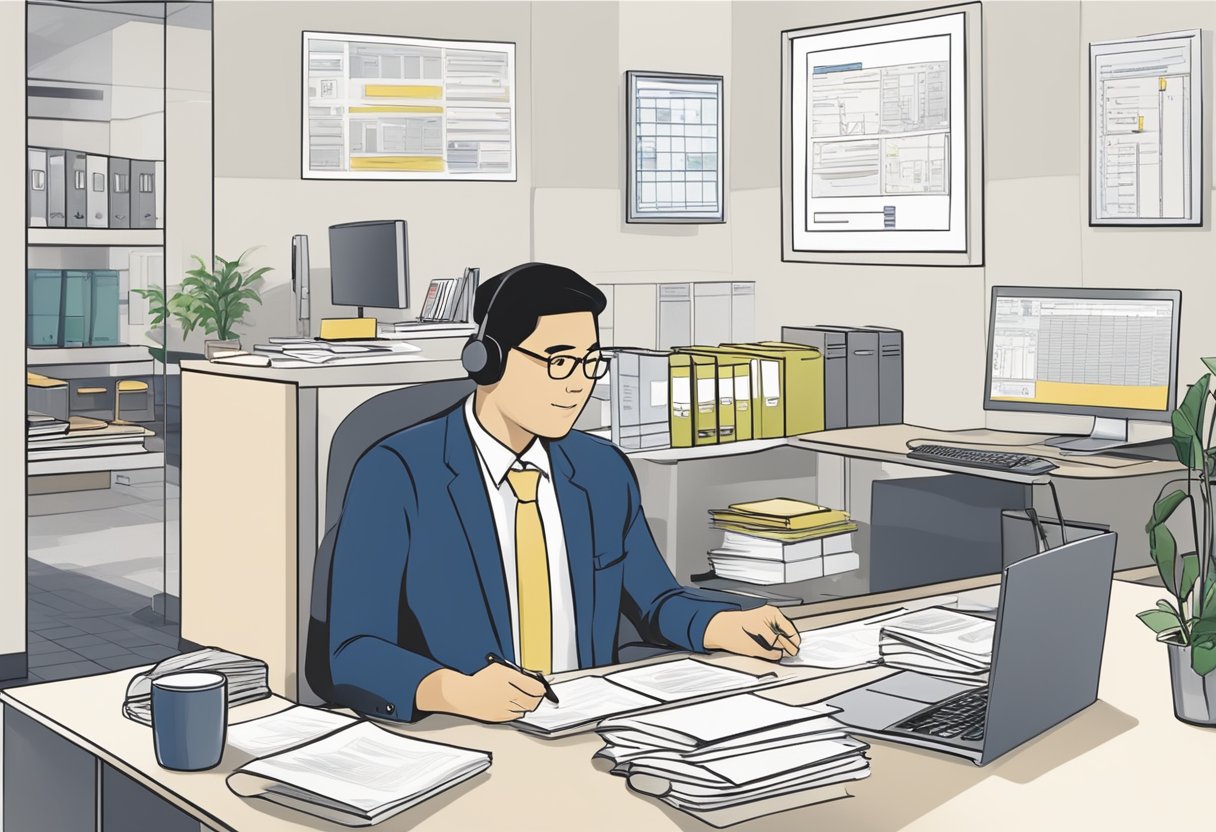 A licensed moneylender's office in Singapore, with a sign displaying their accreditation. A customer fills out paperwork while a staff member assists