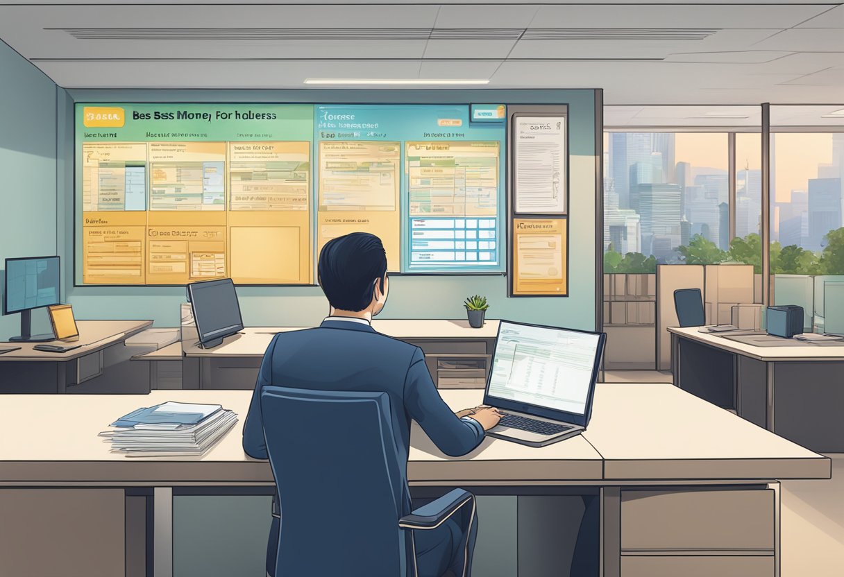A business owner sits at a desk, reviewing loan options in Singapore. A sign on the wall reads "Best Money Lender for Business Loans."