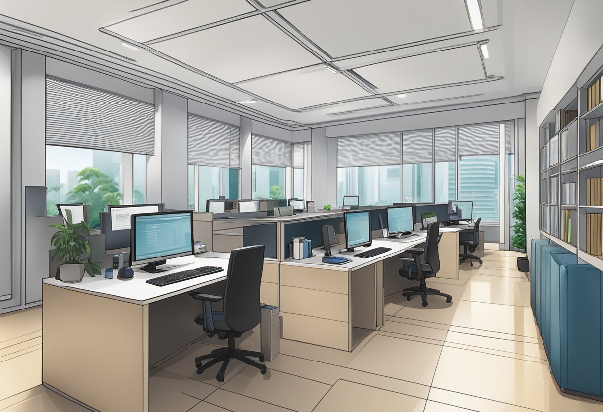 The Registry of Moneylenders in Singapore oversees licensed money lenders. It is a formal office setting with desks, files, and official documents. The atmosphere is professional and organized