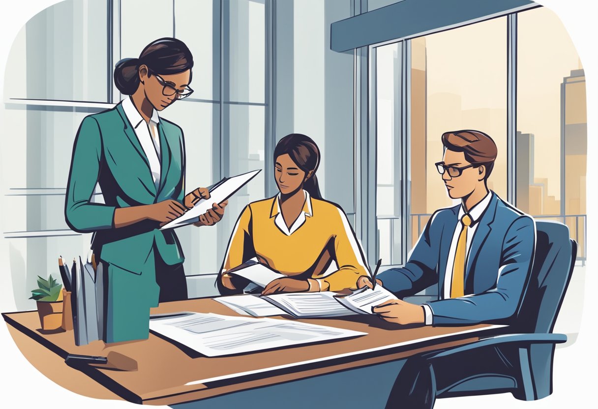 A customer sitting at a desk, filling out a loan application form with a pen. A representative from Crawfort Money Lender is standing nearby, providing guidance and assistance