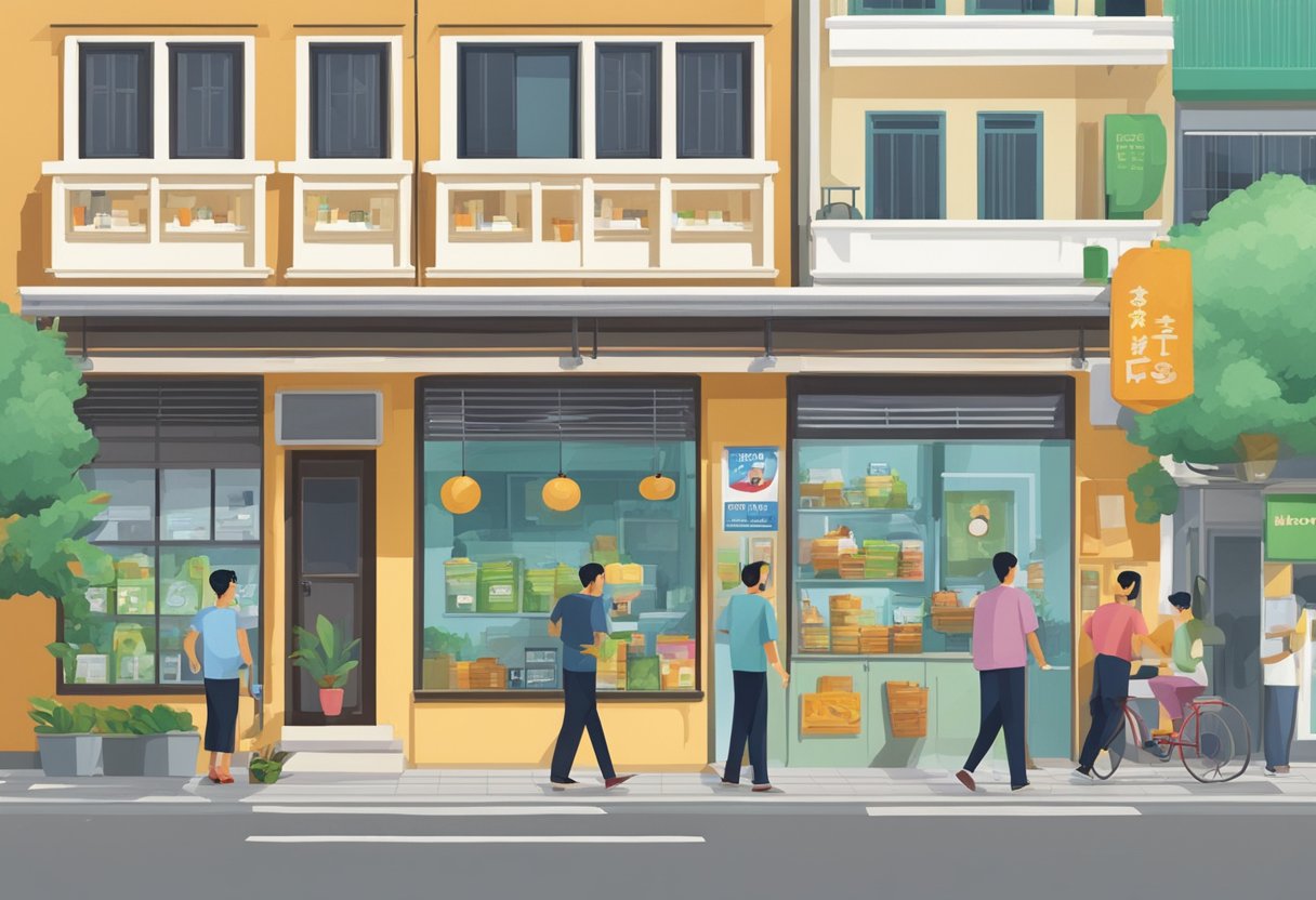 A signboard for "Boon Lay Money Lender" hangs outside a small, nondescript storefront. The building is surrounded by other businesses and the street is bustling with activity