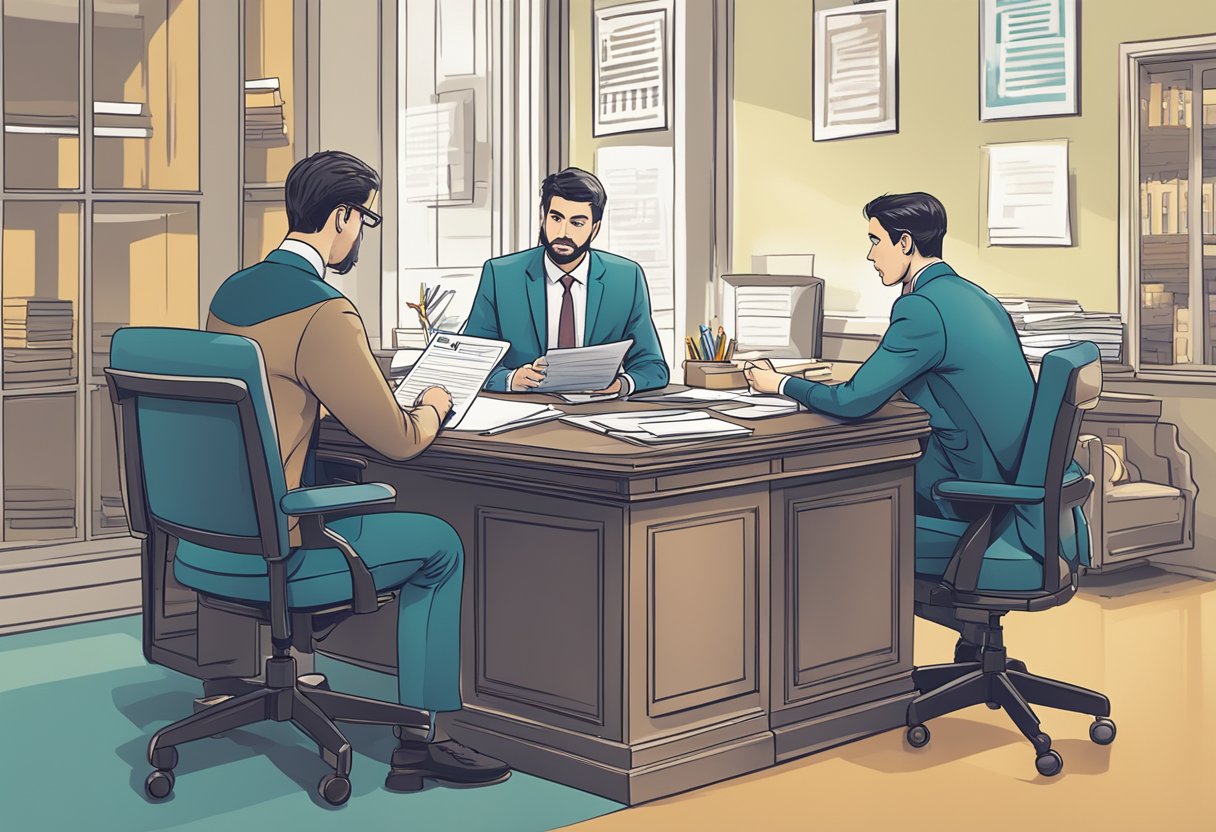 A person sitting at a desk, filling out a business loan application form with a pen, while a banker looks on, ready to assist