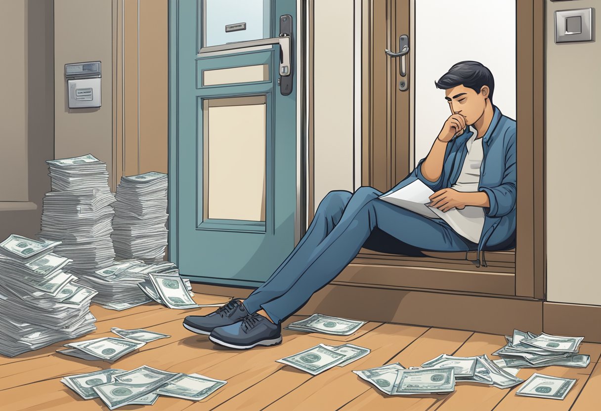 A person sitting alone, surrounded by unpaid bills and empty pockets, with a "Banned" sign hanging on the door of a licensed moneylender