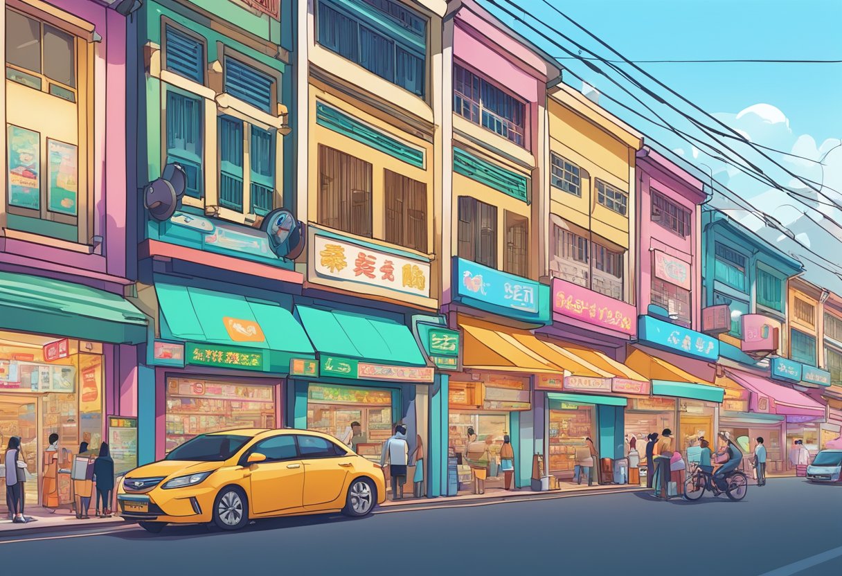 A row of money lending shops line the bustling streets of Boon Lay, with bright neon signs and crowded storefronts, depicting the vibrant money lending landscape of the area