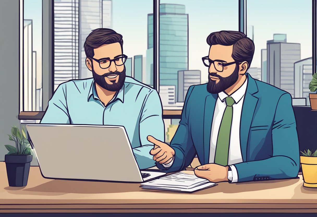A business owner confidently discussing loan terms with a professional lender in a modern office setting