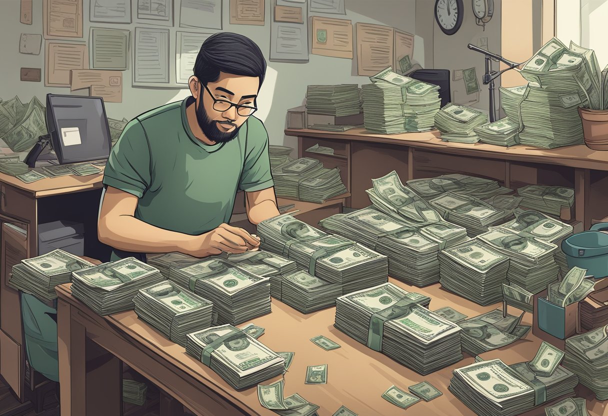 A moneylender in Boon Lay counts cash at a cluttered desk