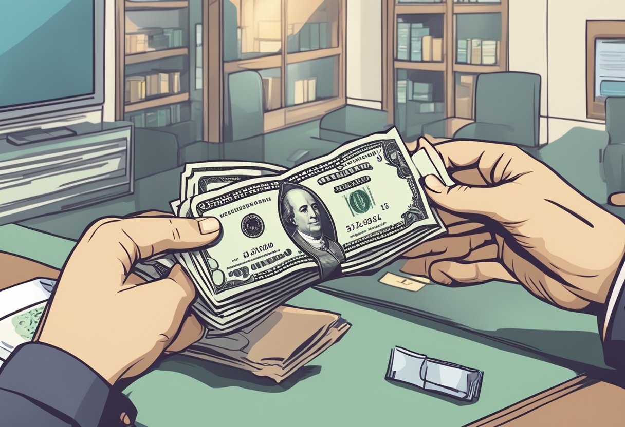 A money lender handing over cash to a borrower