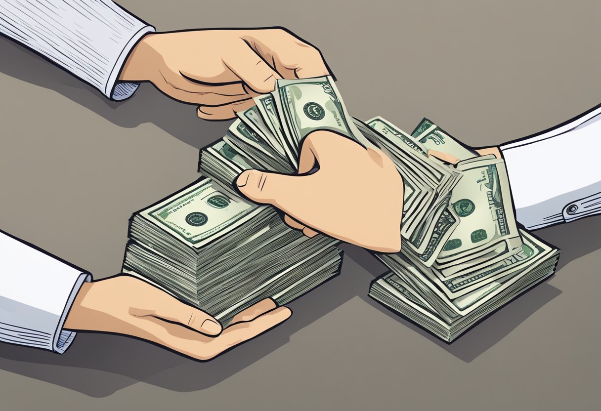 A person receiving a stack of cash from a money lender in exchange for a signed document