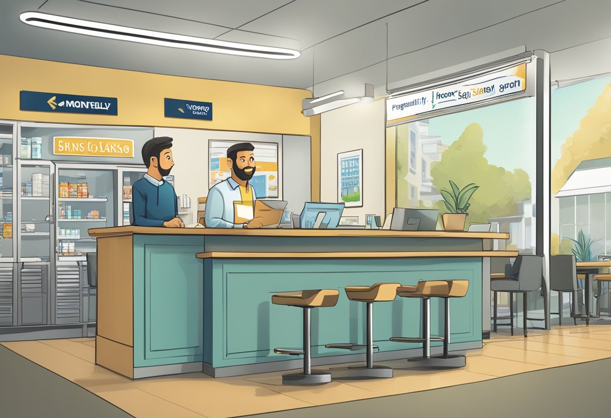 A customer stands at the counter, asking questions. A sign reads "Frequently Asked Questions" at the forefront. The money lender's logo is visible