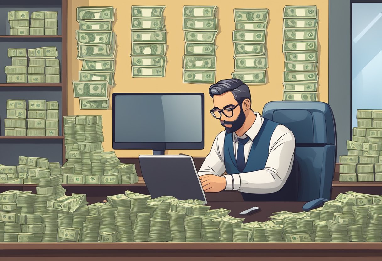 A moneylender sits behind a desk, counting stacks of cash. A sign on the wall displays interest rates and loan terms. Customers wait in line