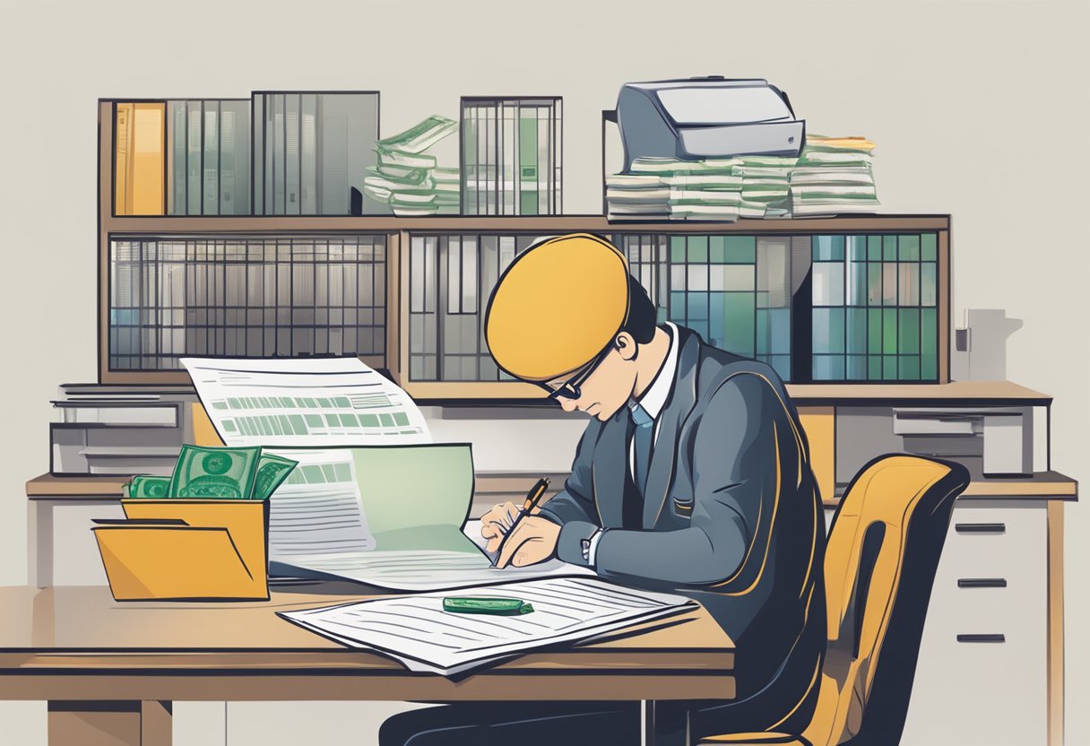 A person sitting at a desk, reading loan documents with a money lender's logo in the background. A calculator and pen are placed on the desk