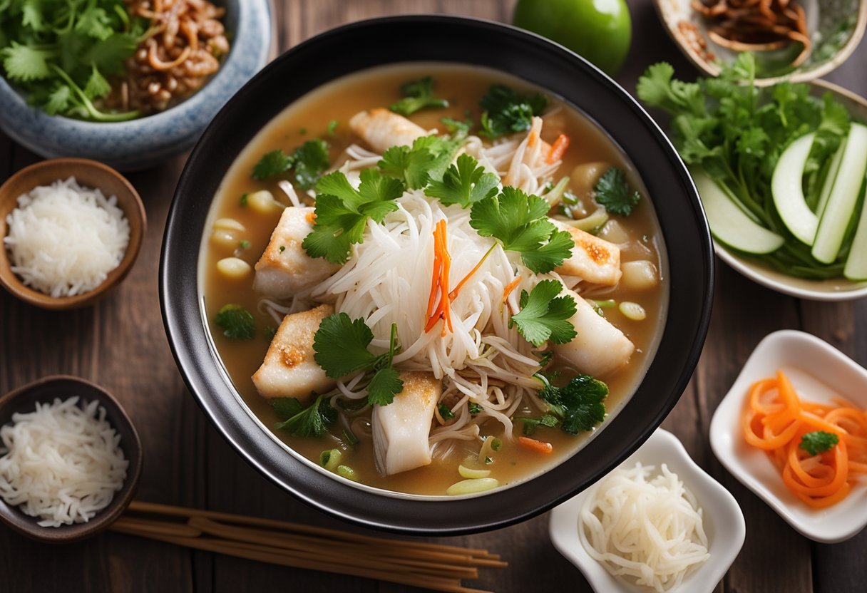 A steaming bowl of Teochew fish porridge sits on a wooden table, garnished with fresh cilantro and green onions, accompanied by side dishes of pickled vegetables and crispy fried shallots