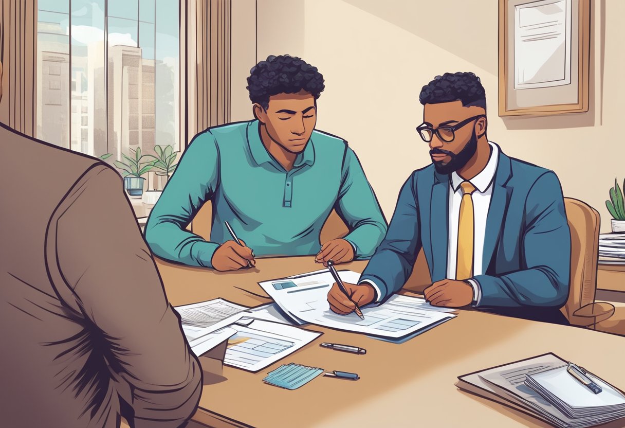 A person fills out a loan application while a lender explains the repayment process. Money is exchanged, and the borrower signs a contract
