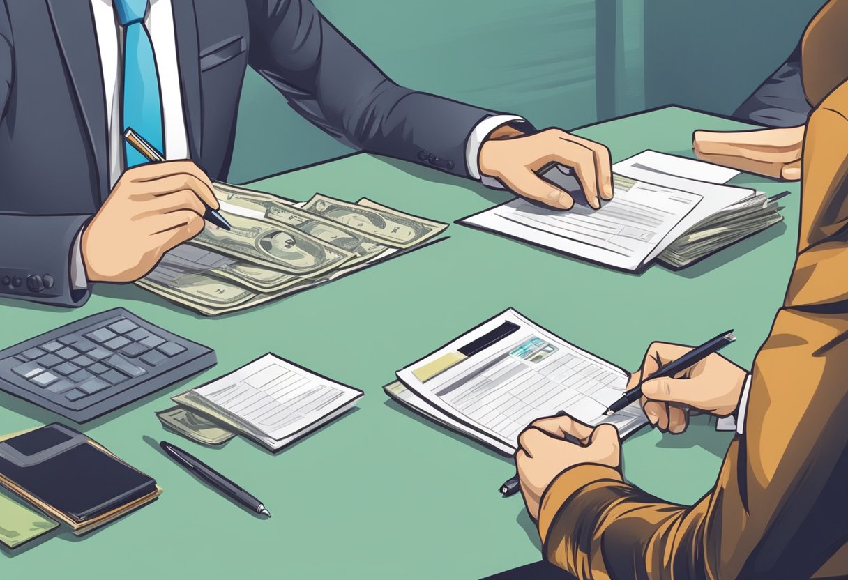 A person signing loan documents at a desk with a money lender