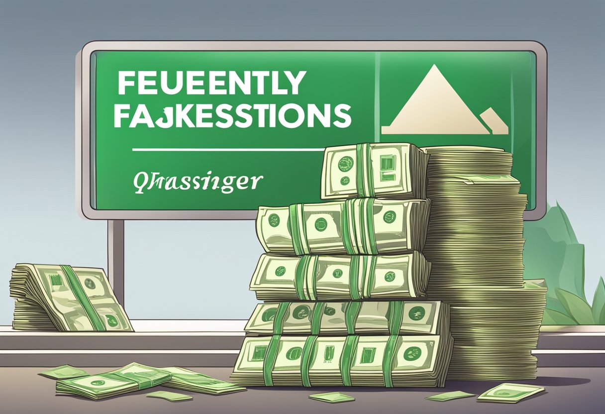 A stack of money sits next to a sign that reads "Frequently Asked Questions" with a money lender logo