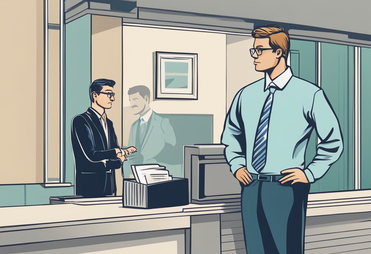 A person standing at a bank or financial institution, looking concerned while speaking to a loan officer or financial advisor