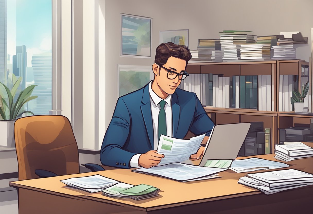 A legal money lender reviews documents, calculates interest, and issues a loan to a client in their office