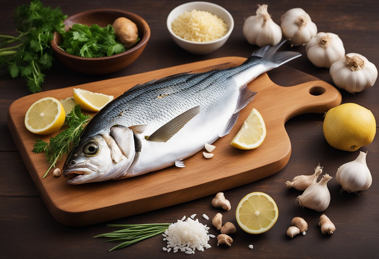 A wooden cutting board with fresh fish, rice, ginger, and garlic. A pot of boiling water and a ladle for stirring