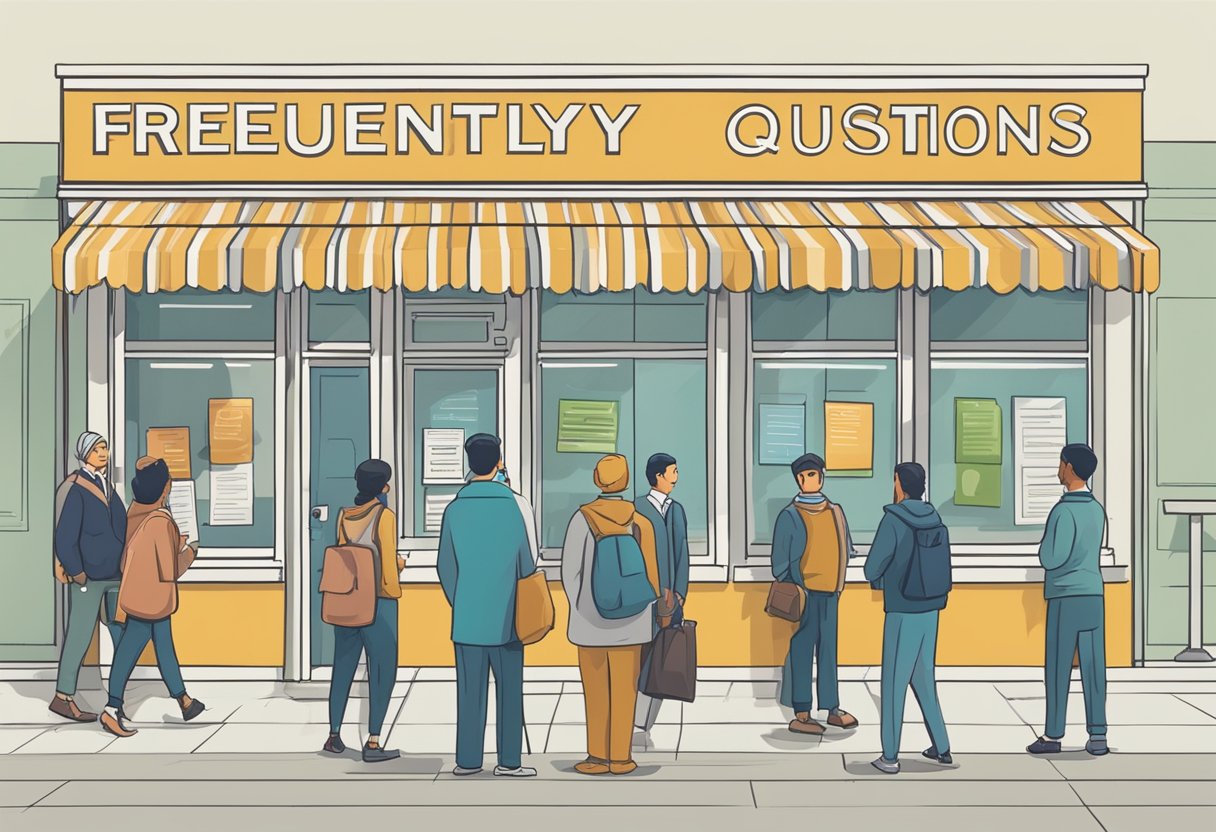 A person standing in line at a loan money lender, surrounded by a sign displaying "Frequently Asked Questions" and other customers waiting