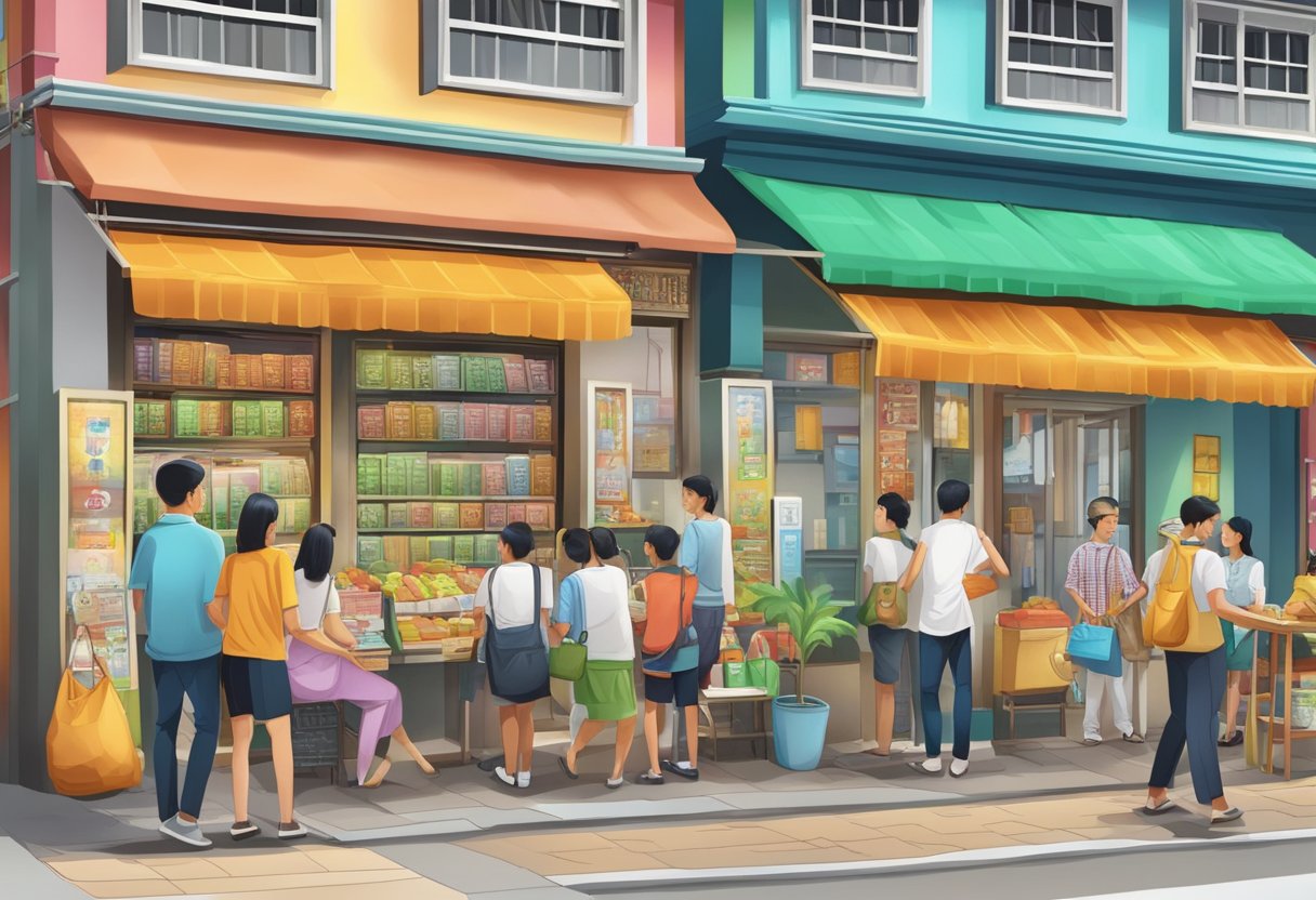 A bustling Bugis Village money lender with customers and colorful storefronts