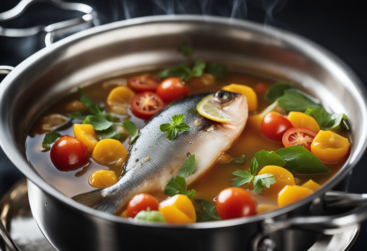 A pot simmering with fish, tomatoes, and vegetables in a clear broth. A hint of ginger and garlic fills the air