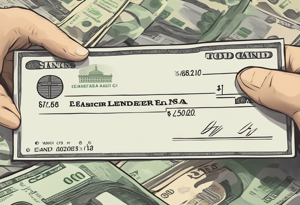 A hand holding a check with a money lender's logo, while another hand counts cash. A review of the money lender is visible in the background