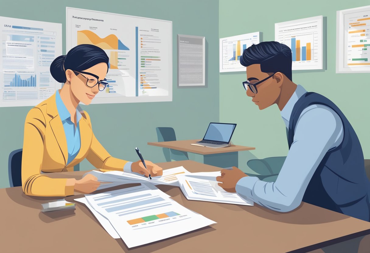 A licensed moneylender sitting at a desk, reviewing loan applications and explaining terms to a client. A sign on the wall displays interest rates and regulations