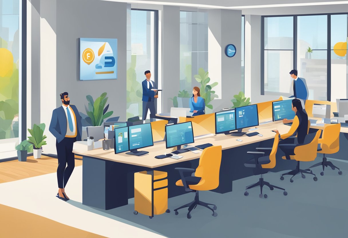 A bright, modern office with the "Credit Hub Money Lender" logo prominently displayed on the wall. A professional atmosphere with employees working at desks and clients discussing loans with advisors