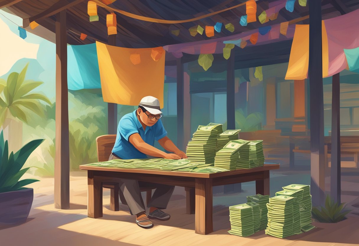 A moneylender sits behind a wooden desk, counting stacks of money under the shade of a colorful canopy in Bugis village