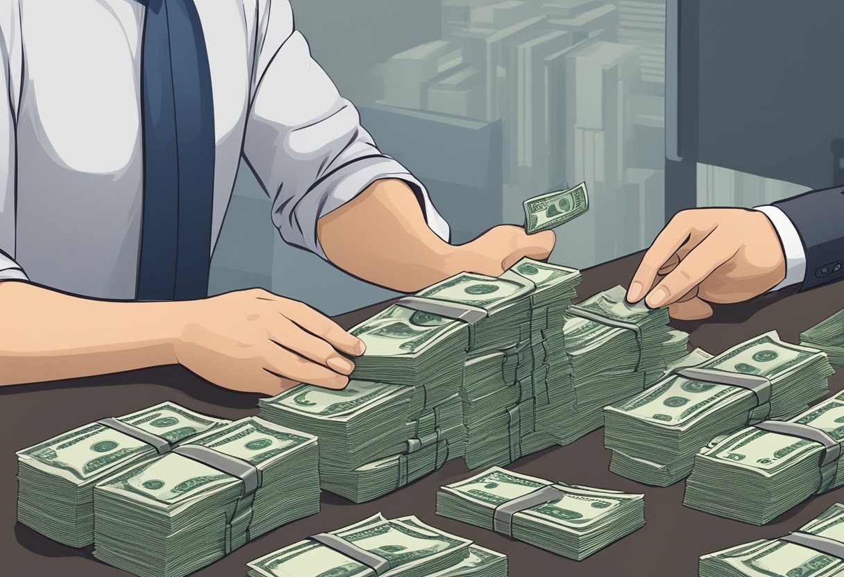 A money lender in Singapore counting stacks of cash on a desk