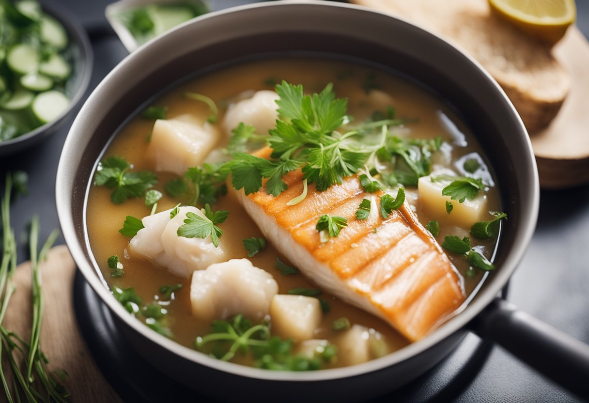 A pot of simmering fish porridge on a stove. A wooden ladle scoops the porridge into a bowl, garnished with fresh herbs and sliced fish