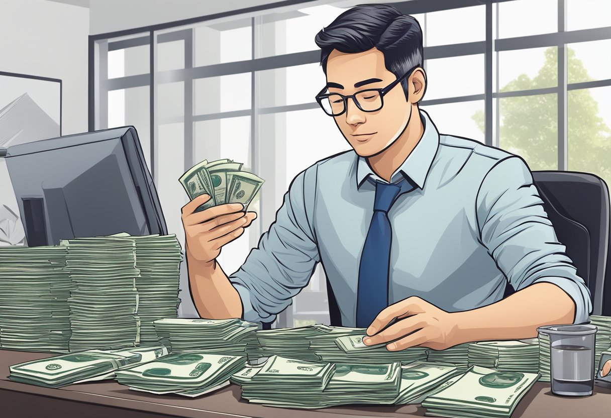 A moneylender in Singapore counting cash and reviewing loan documents in a bright, modern office setting