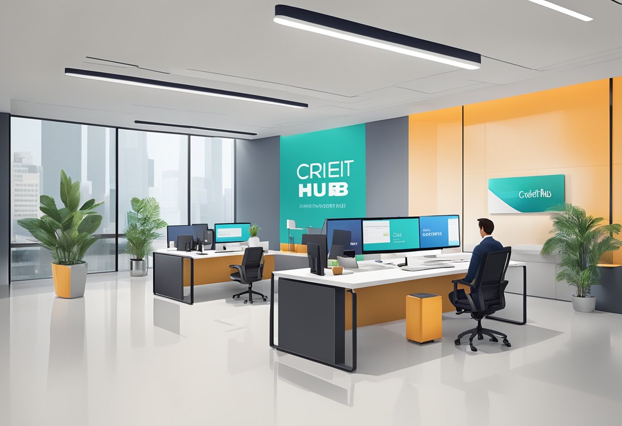 A modern office setting with a sleek and professional atmosphere. A logo of Credit Hub displayed prominently, with staff assisting clients