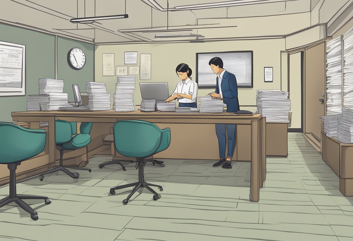 A moneylender's office in Singapore, with a sign indicating exemption status. A customer fills out paperwork while the lender reviews documents