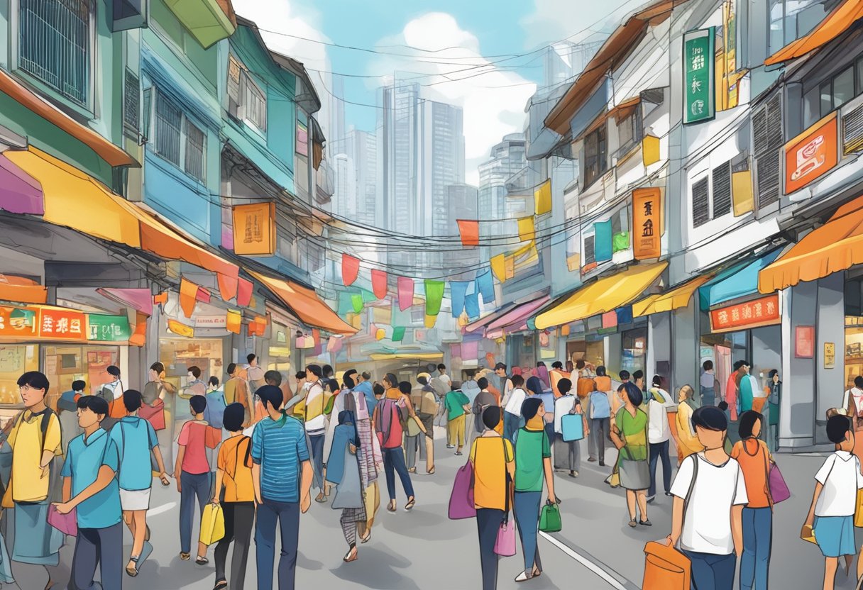 A bustling street in Bugis Village, with colorful money lender signs and people engaging in financial transactions