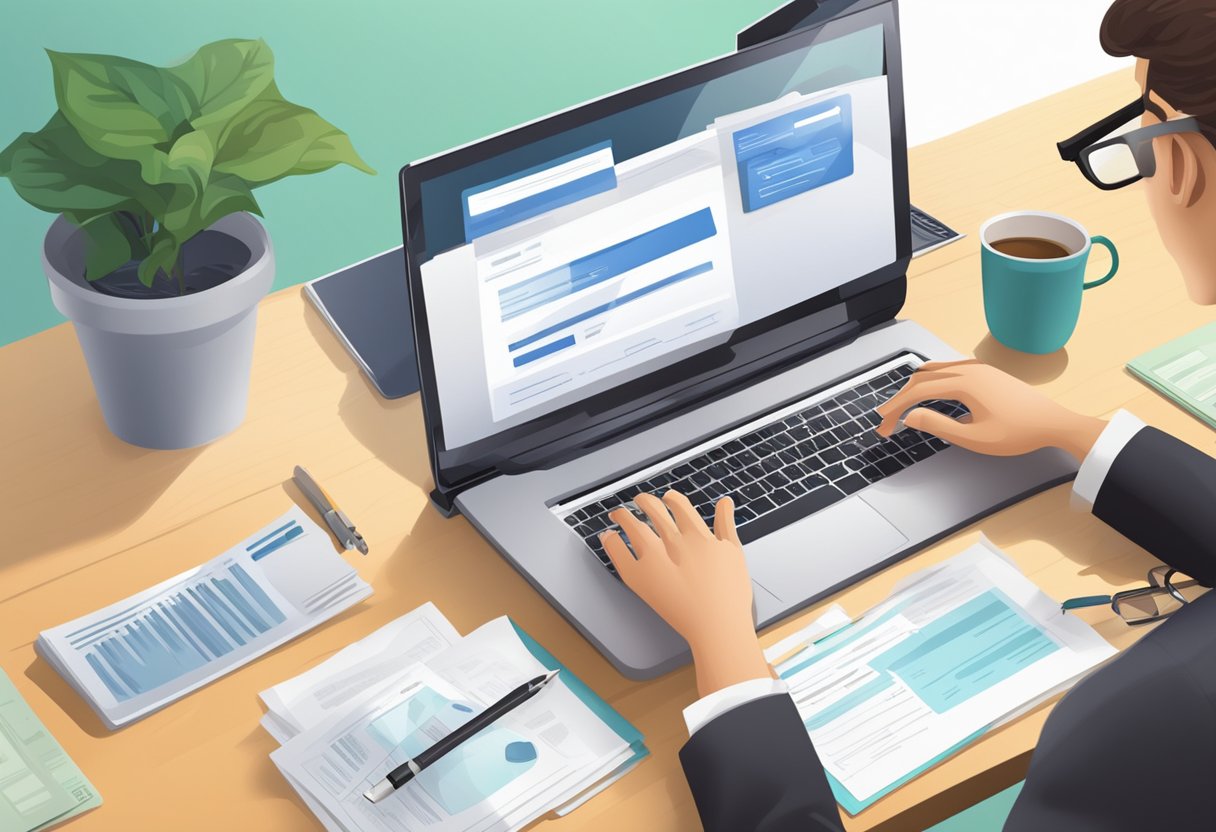A person submitting a loan application online, with documents and personal information displayed on a computer screen