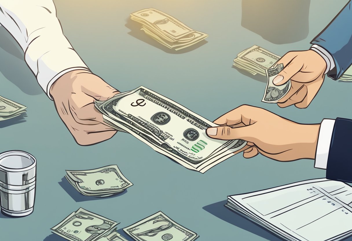 A person handing over a check to a money lender for review before receiving a cash loan