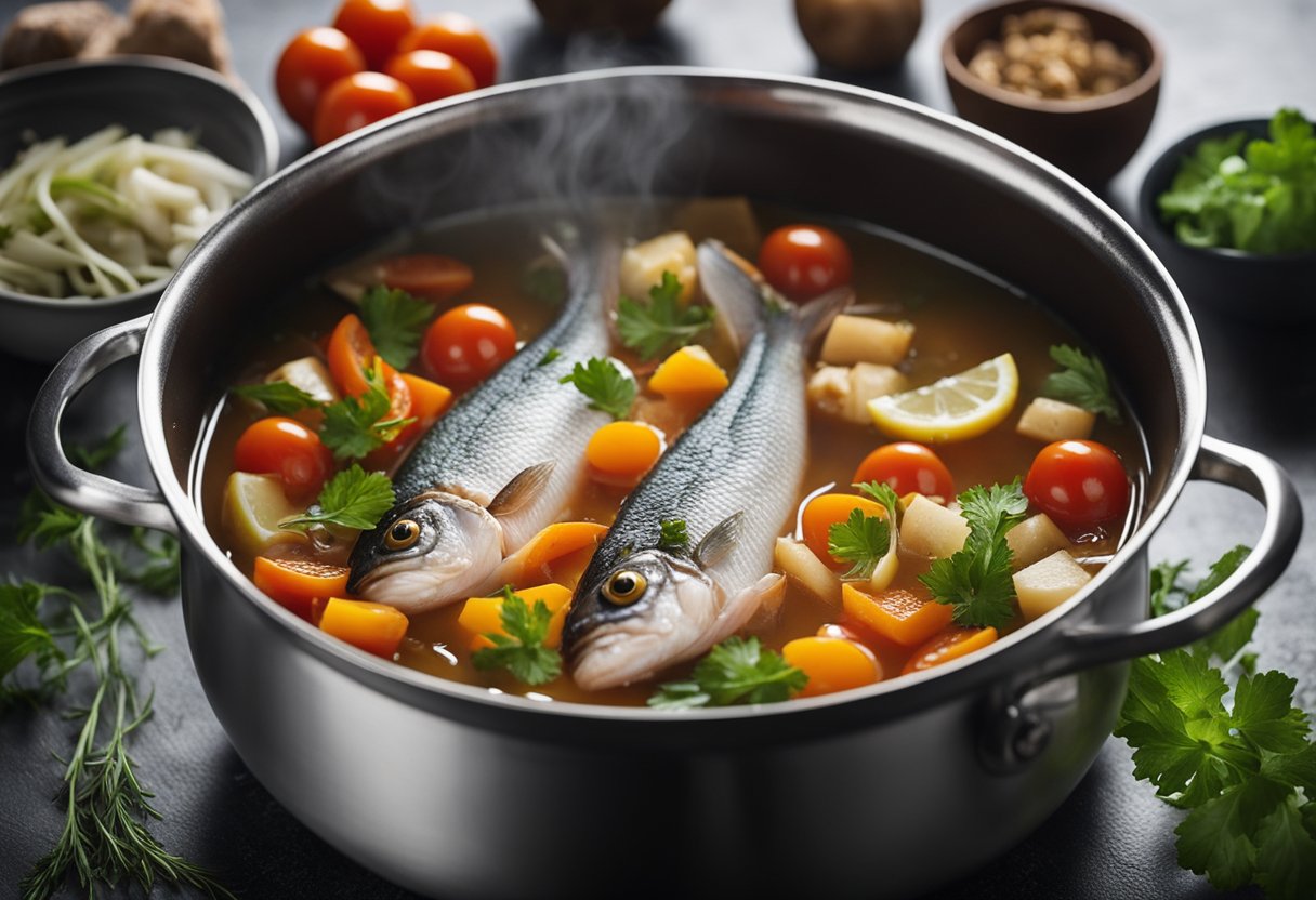 Fresh fish, tomatoes, salted vegetables, and ginger simmer in a clear broth. Aromatic steam rises from the pot as the ingredients meld together