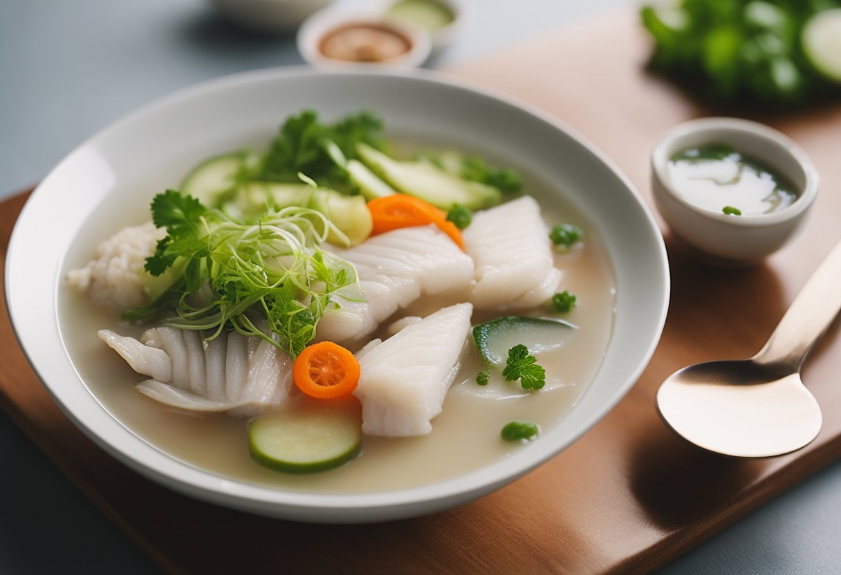 A steaming bowl of Teochew fish porridge with a side of pickled vegetables, a spoon resting on the edge of the bowl