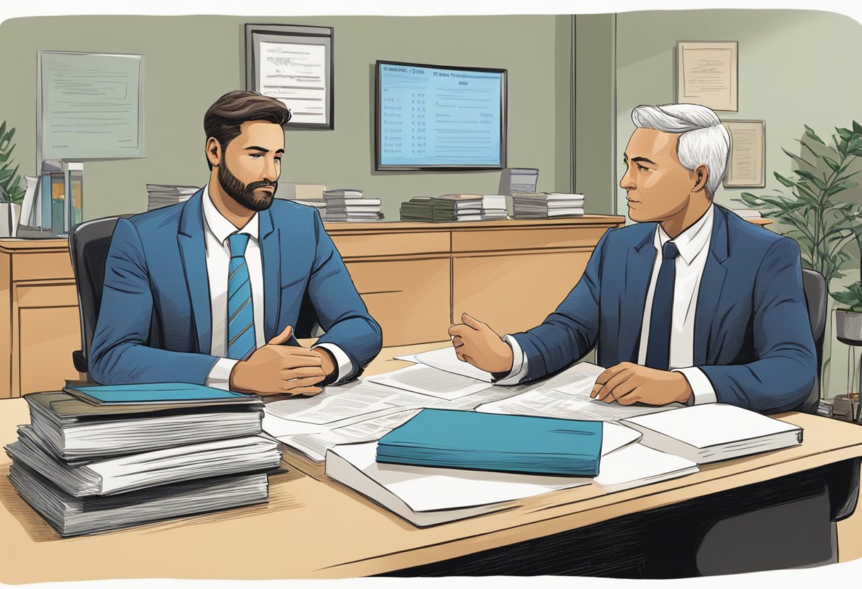 A legal money lender sits at a desk, explaining terms to a client. A sign on the wall displays "Frequently Asked Questions."